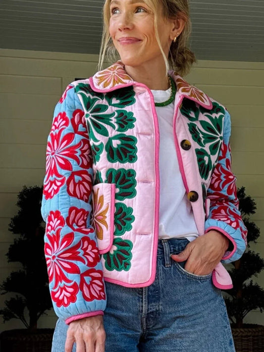Damen Steppjacke Floral Bestickt Bunt Hellblau Rosa Rot Grün