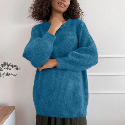 Damen Oversize Strickpullover Rundhals Rippstrick