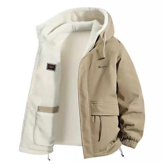 Herren Winterjacke mit Kapuze und Plüschfutter - Khaki