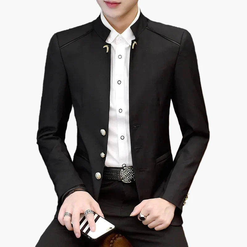 Męski blezer z kołnierzem stójką, nowoczesny, business casual, slim fit