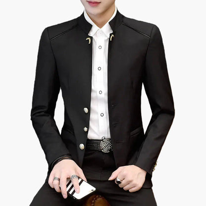 Męski blezer z kołnierzem stójką, nowoczesny, business casual, slim fit