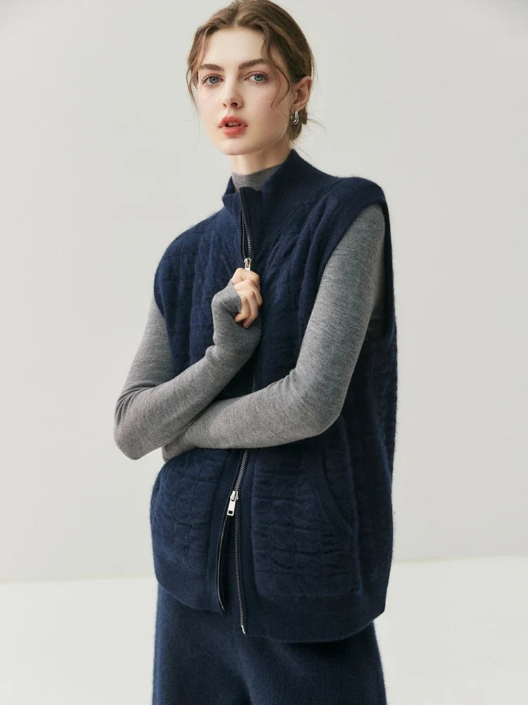 Gilet matelassé en maille pour femme avec fermeture éclair, col montant, crème