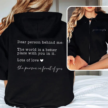 Damen Hoodie mit "Dear person behind me" Aufdruck und Reißverschluss-Detail