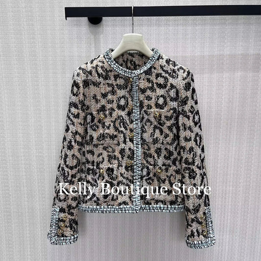 Damen Jacke im Leopard-Print mit Rundhalsausschnitt und Zierknöpfen