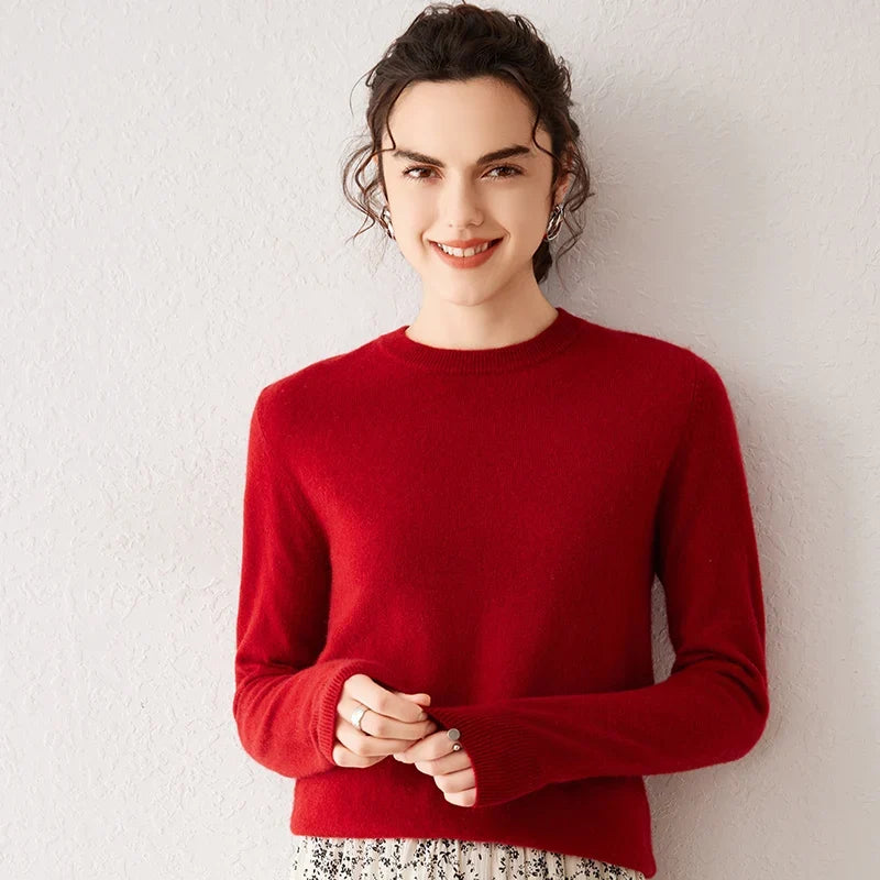 Pull femme à col rond et manches longues, maille fine, basique