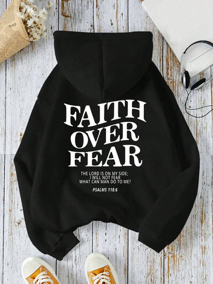 Hættetrøje med teksten "Faith Over Fear" til damer