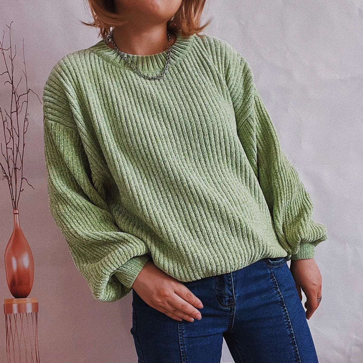 Gerippter Pullover Damen Weicher Rundhals Strickpullover Lange Ärmel