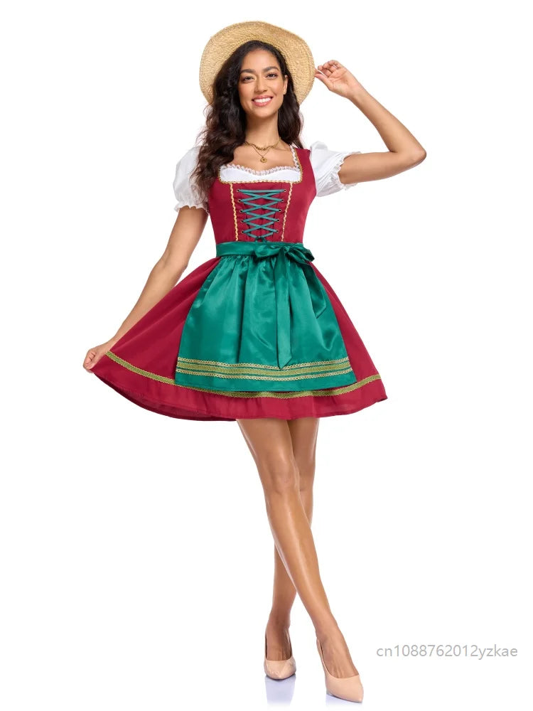 Dirndl da donna rosso e verde, camicetta tirolese e grembiule