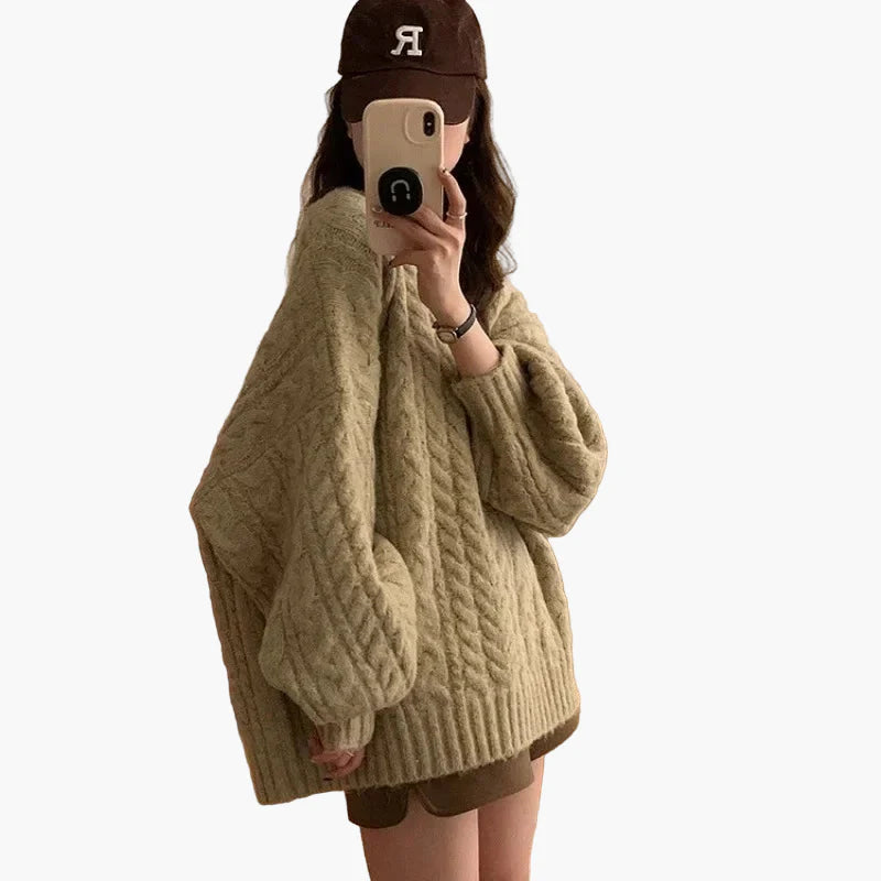Damen Oversize Strickpullover mit Zopfmuster – Lässiger Herbst-Winter Look für jeden Tag