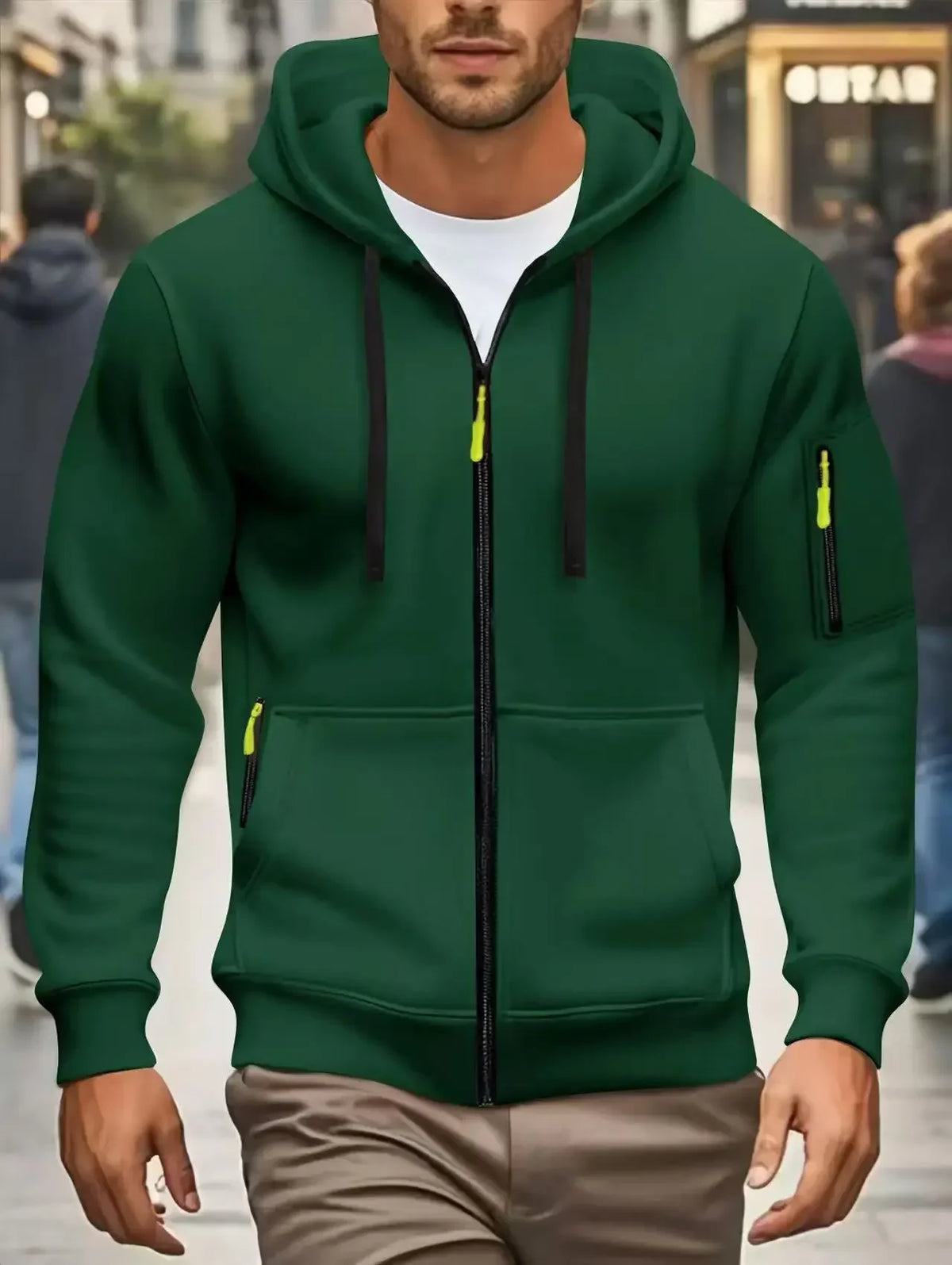 Hoodie da uomo con cerniera e cappuccio, verde oliva