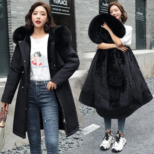 Parka d’hiver pour femme avec capuche amovible et col imitation fourrure, doublée chaudement