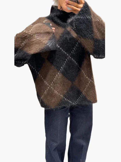 Damski oversize sweter w kratę na stylowe jesienne i zimowe stylizacje