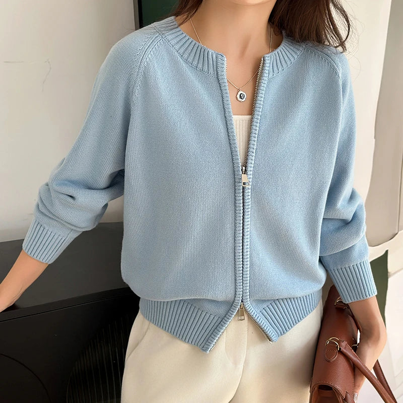 Gilet en maille pour femme avec fermeture éclair, col rond et manches longues