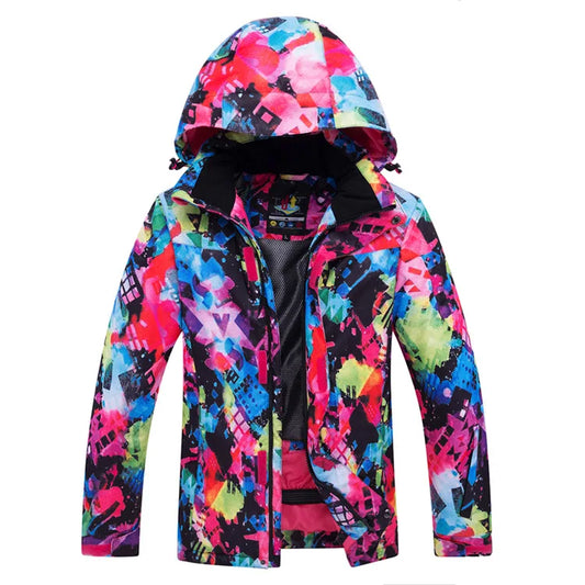 Bunte Outdoor Jacke mit Kapuze und Reißverschluss, gemustert