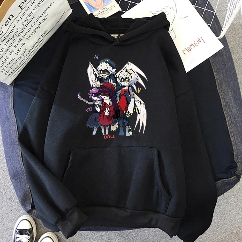 Sudadera unisex con capucha, estampado de personajes y bolsillo canguro