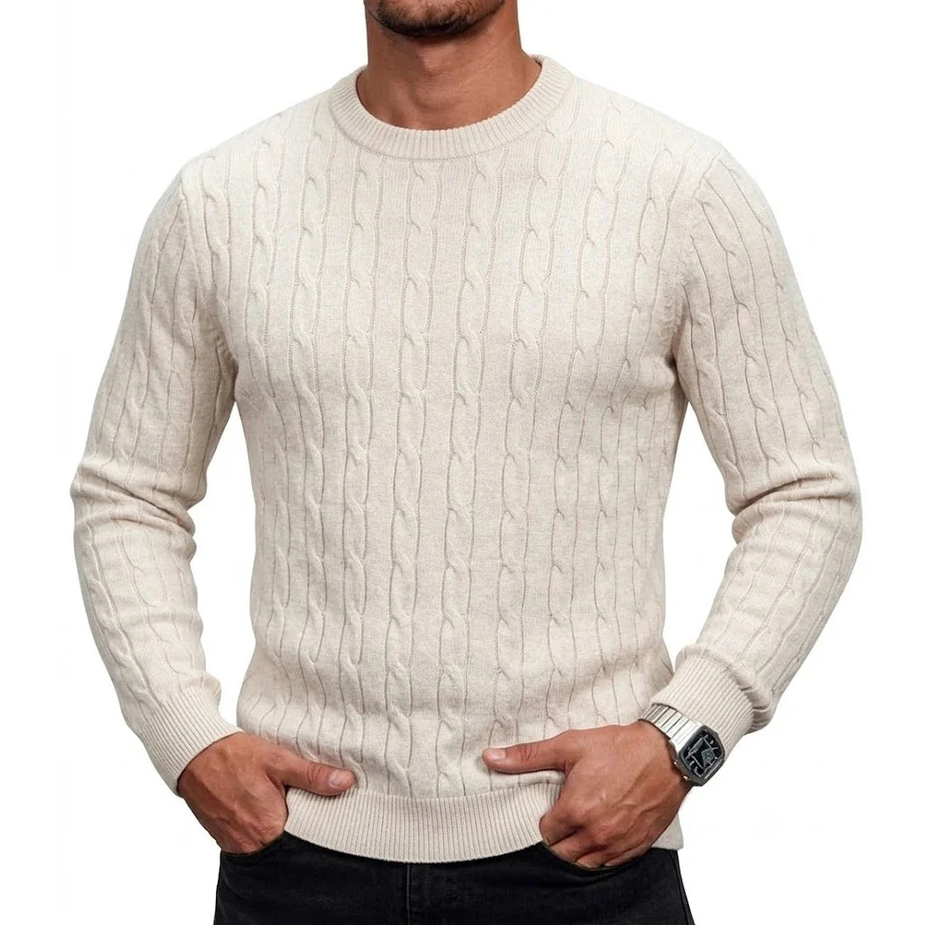 Herren Zopfmuster Pullover Rundhals Langarm Strickpullover