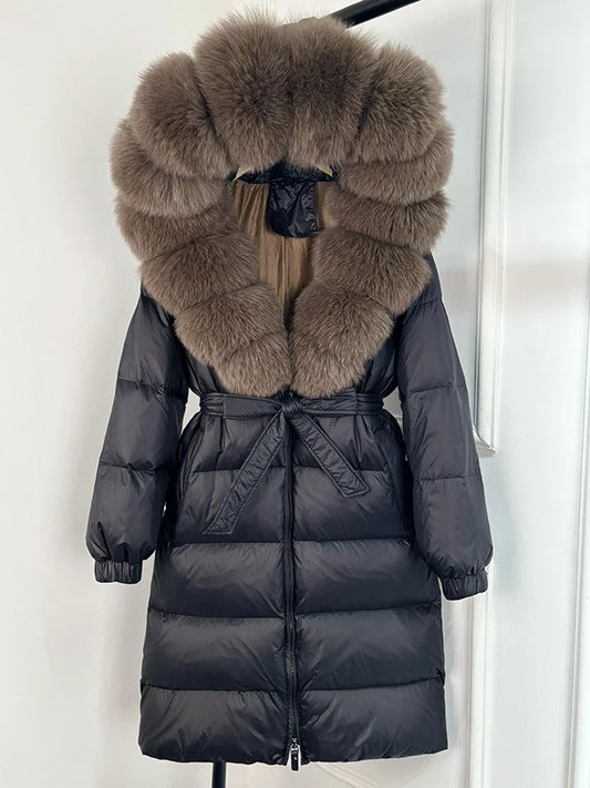 Manteau matelassé long pour femme avec capuche en fausse fourrure et ceinture, noir