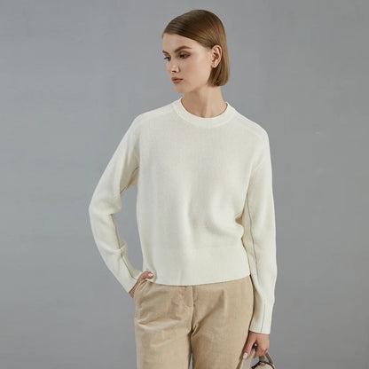 Maglione da donna a coste, maniche lunghe, girocollo, bianco
