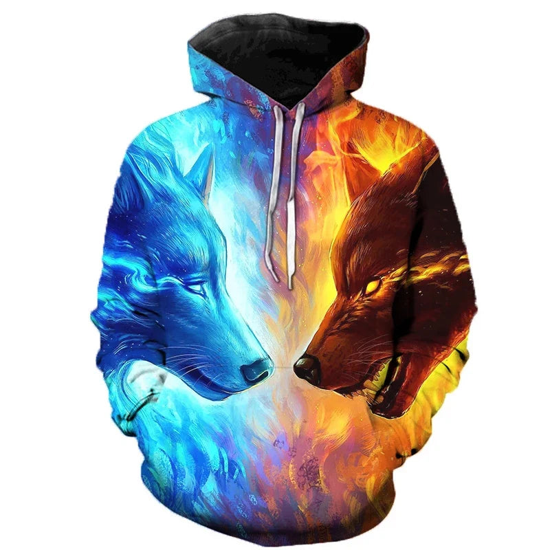 Hoodie mit Wolf Motiv 3D-Druck, Kapuzenpullover mit Kordelzug, Langarm