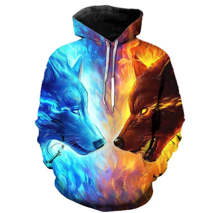 Hoodie mit Wolf Motiv 3D-Druck, Kapuzenpullover mit Kordelzug, Langarm