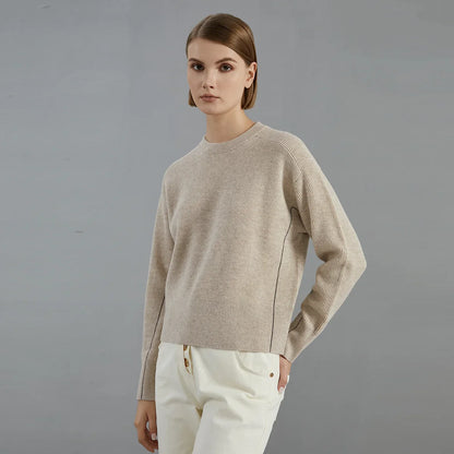 Maglione da donna a coste, maniche lunghe, girocollo, bianco