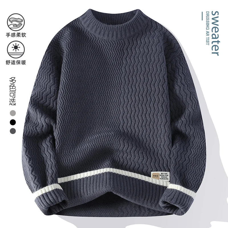 Pullover da uomo in maglia a girocollo con motivo ondulato e righe