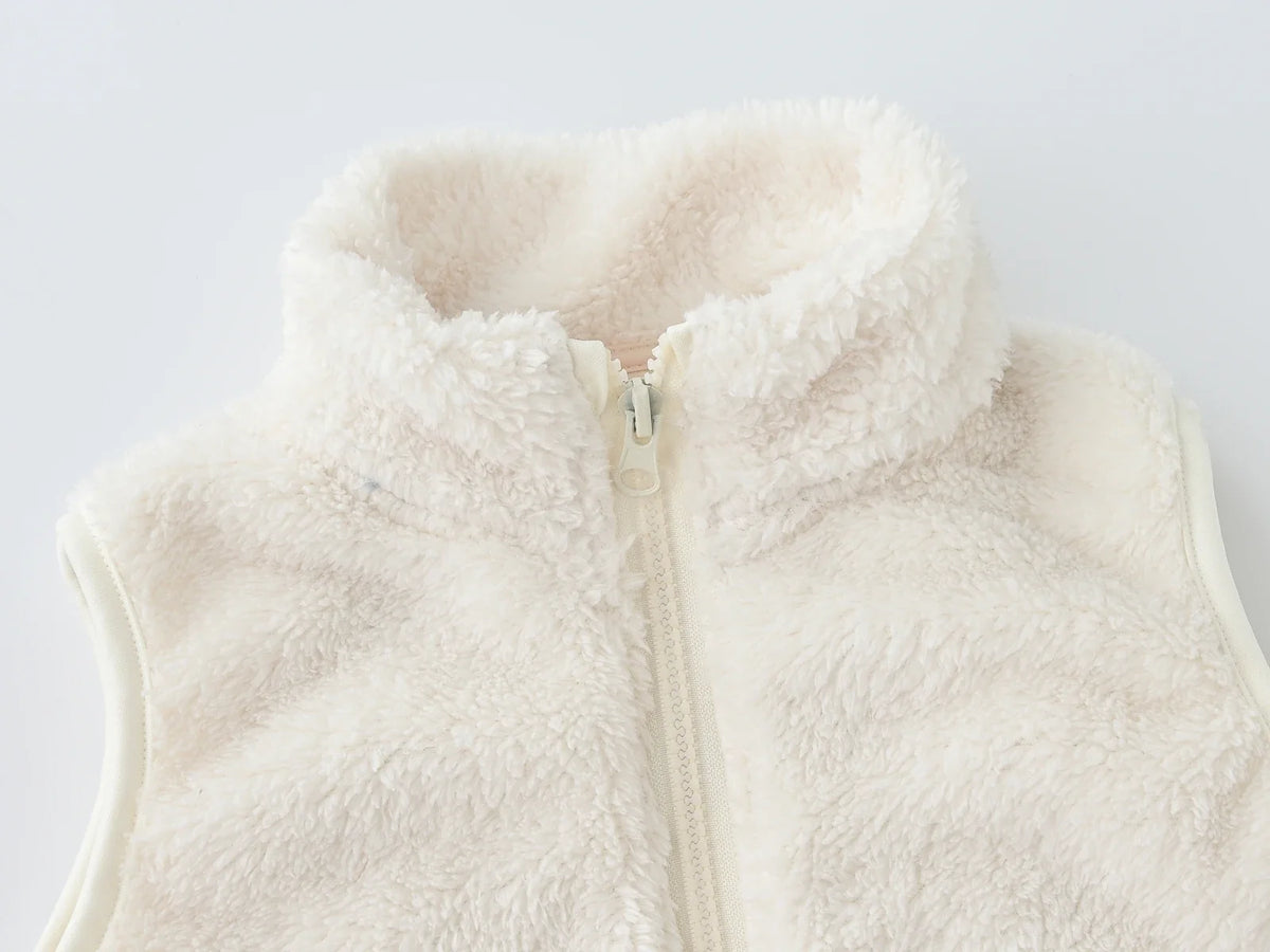 Gilet unisex in pile effetto teddy per bambini con collo rialzato e cerniera