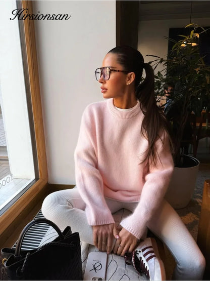 Damen Oversize Pullover Rundhals Weiches Material Mehrfarbig