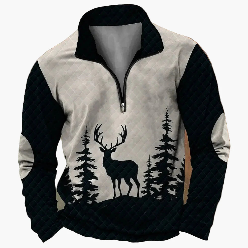 Herren Outdoor Sweatshirt mit Hirsch-Print und Reißverschluss – Freizeit & Jagd Pullover