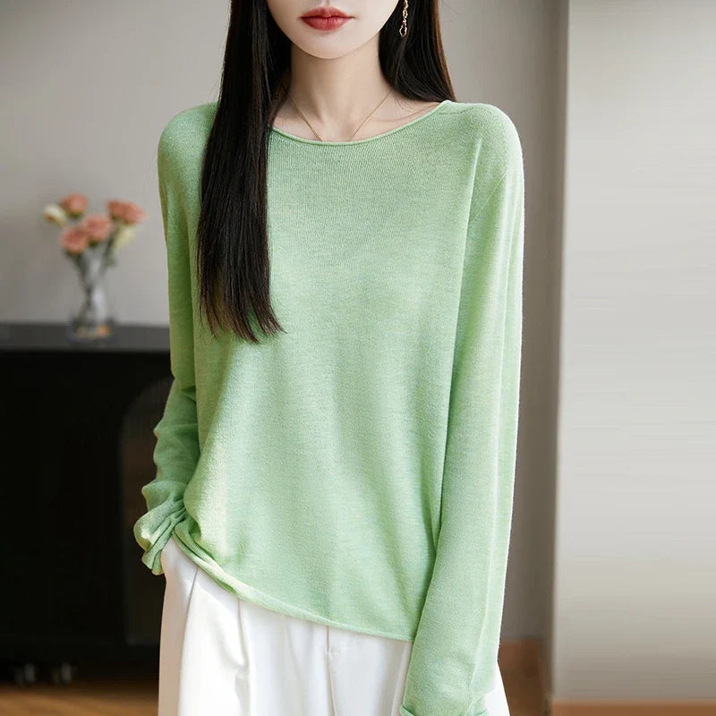 Suéter de manga larga para mujer con cuello redondo, tejido fino y diseño básico