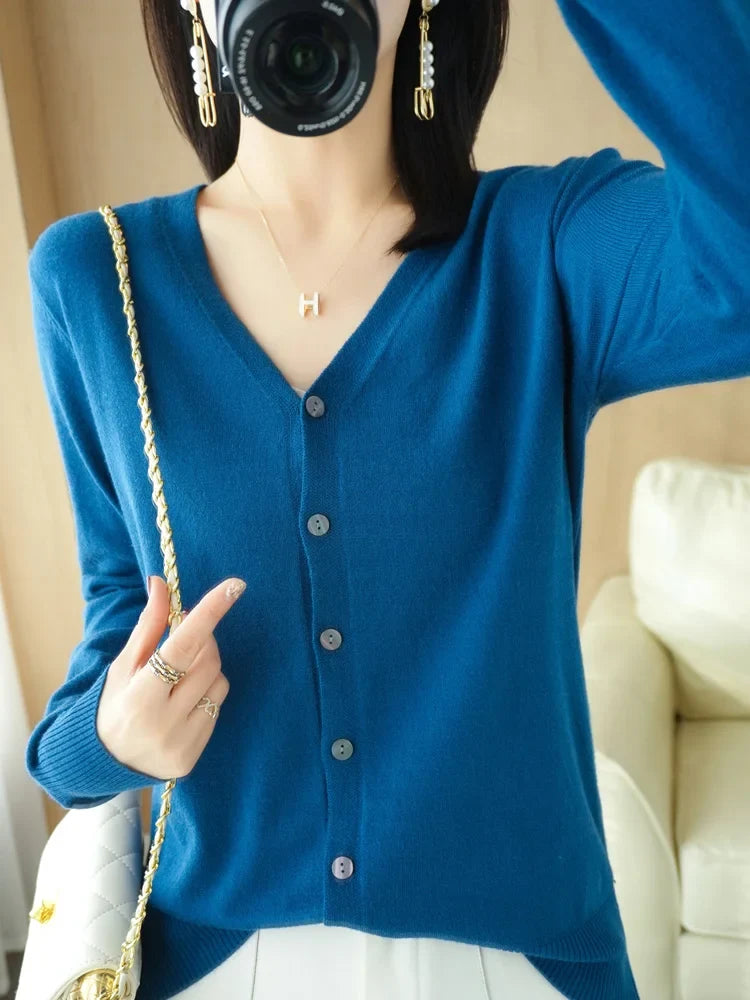 Damen Strickjacke V-Ausschnitt Knopfleiste Langarm Cardigan