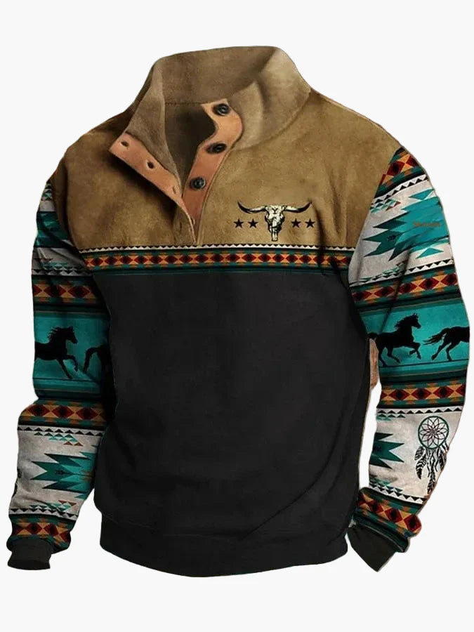 Herren Vintage Western Pullover mit Ethno-Muster und Stehkragen – Freizeitmode für Herbst und Winter