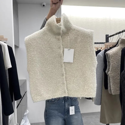 Damen Bouclé Strickweste hochgeschlossen ärmellos Knopfleiste