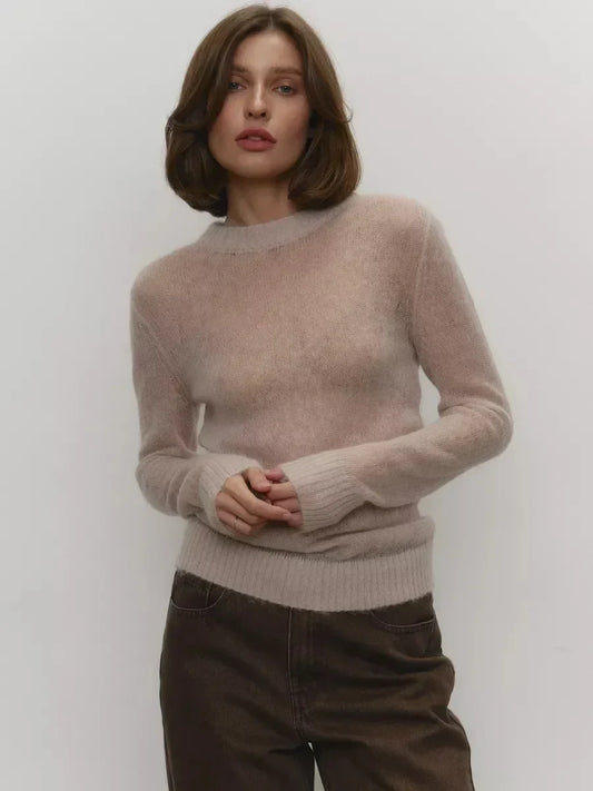 Pull transparent pour femme, col rond, manches longues, en maille