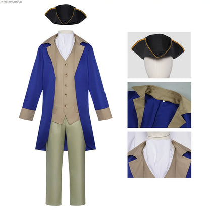 Herren Historisches Kostüm Set Blau Beige Mantel Weste Hose Hut