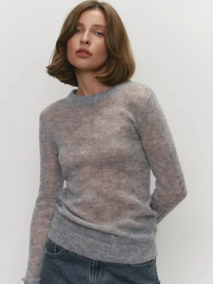Pull transparent pour femme, col rond, manches longues, en maille