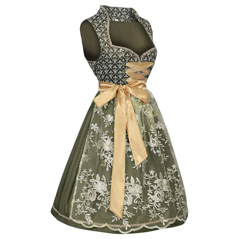 Damesdirndl in groen met kant en gouden schort