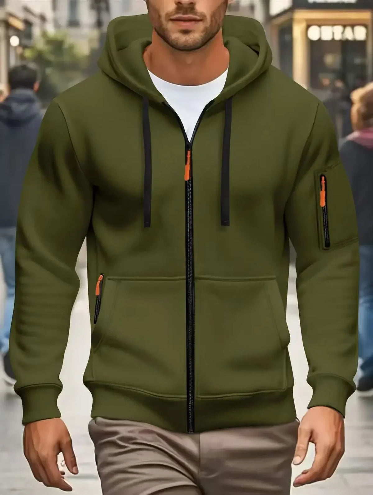 Hoodie da uomo con cerniera e cappuccio, verde oliva