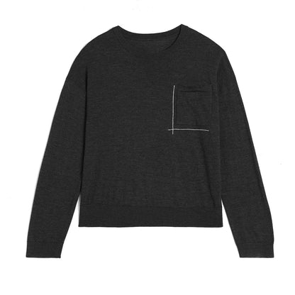 Maglia da donna a maniche lunghe con scollo rotondo e taschino sul petto, bianca