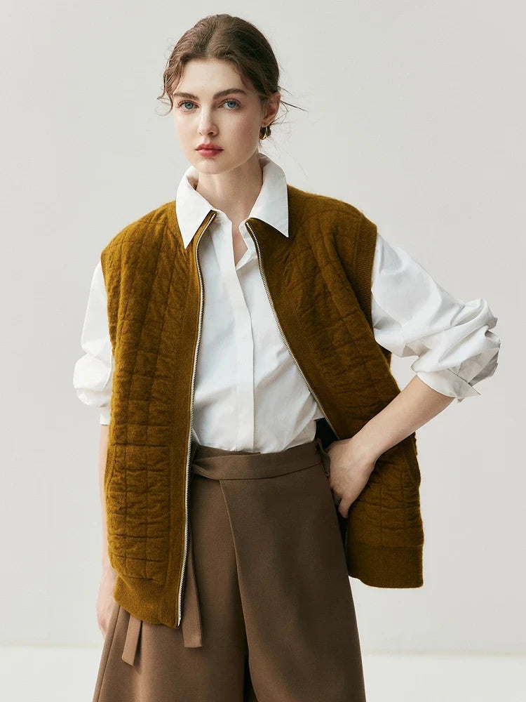 Gilet matelassé en maille pour femme avec fermeture éclair, col montant, crème