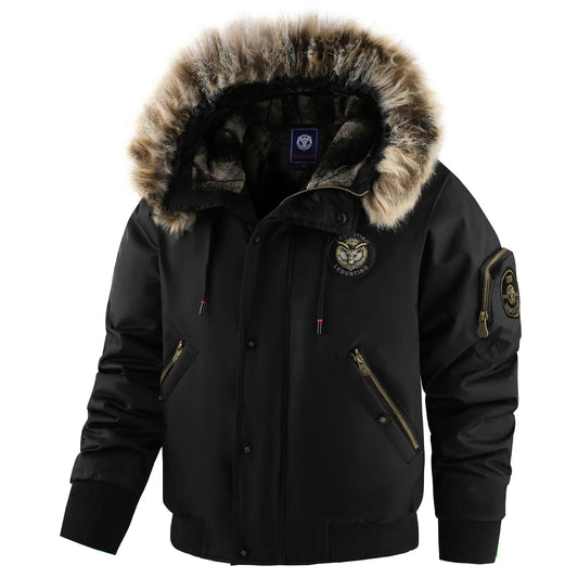 Bomber pour homme avec capuche et bordure en fausse fourrure noire