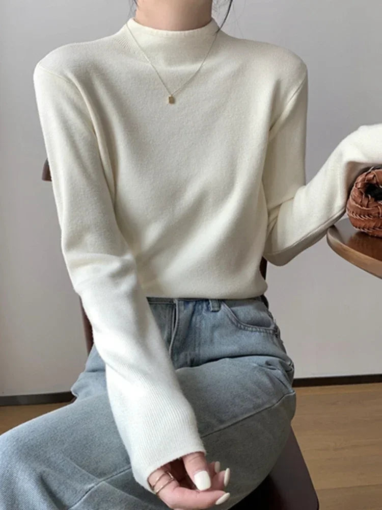 Damen Strickpullover Halbkragen Langarm Basic Feinstrick Top