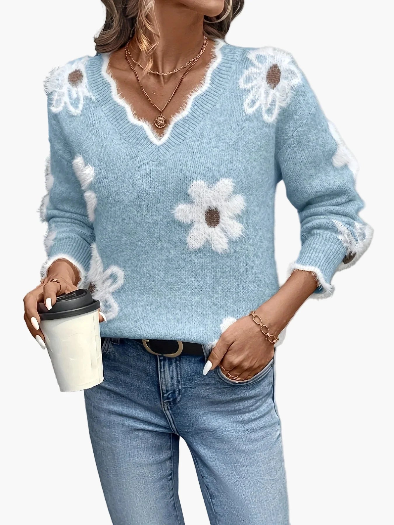 Pull femme à motif floral, pull en maille mode style décontracté – idéal pour le quotidien et les loisirs