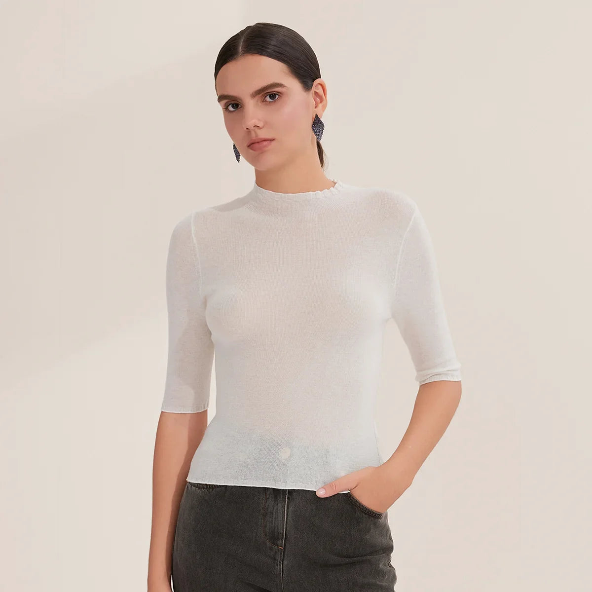 Damen Stricktop Halbarm Stehkragen Feinstrick Schimmer-Optik