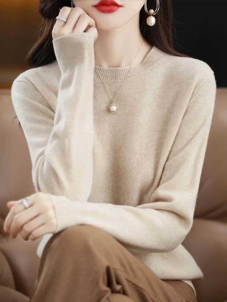 Damen Pullover Rundhals Langarm Strickpullover Einfarbig