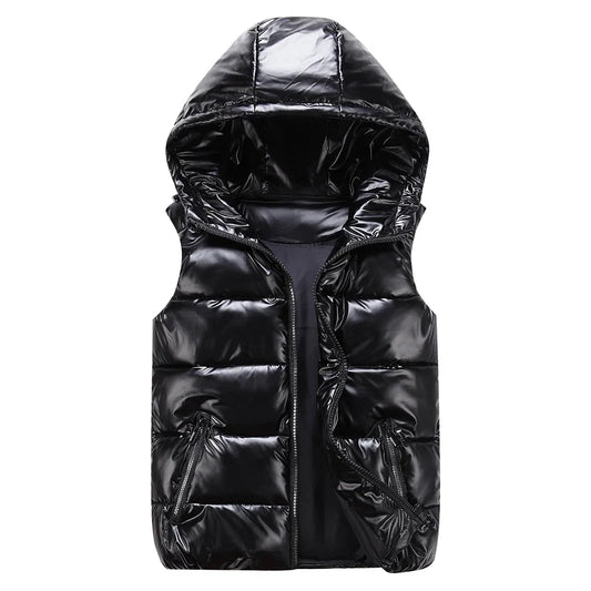 Chaleco acolchado brillante unisex con capucha - Chaleco guateado con cremallera