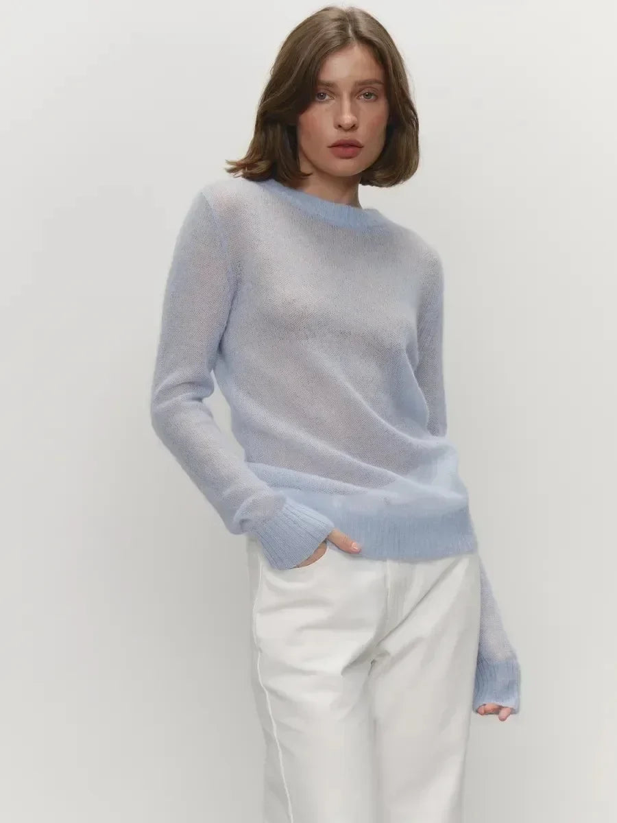 Pull transparent pour femme, col rond, manches longues, en maille