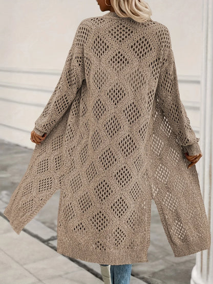 Cardigan lungo in maglia da donna con motivo traforato, beige
