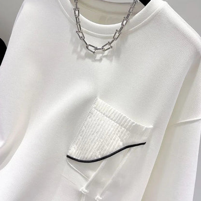 Unisex Pullover mit Rundhalsausschnitt, Asymmetrischer Saum & Brusttasche, Langarm Sweatshirt für Damen und Herren