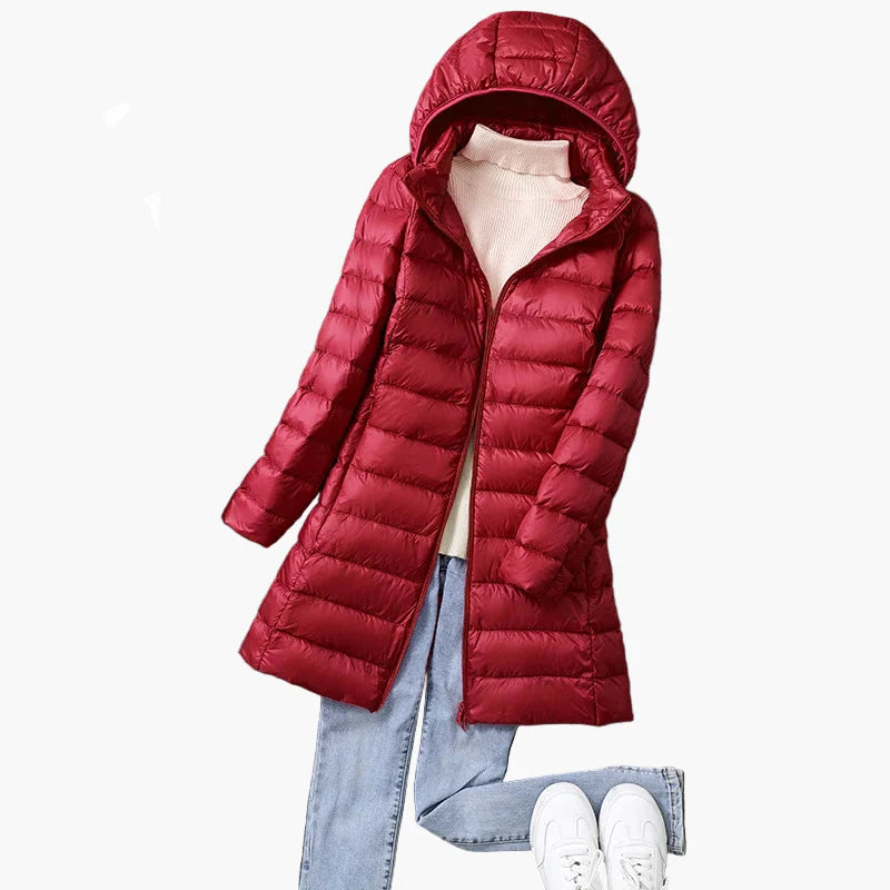Dames winter gewatteerde mantel met capuchon – Stijlvolle lange outdoor puffer voor dagelijks en vrijetijd